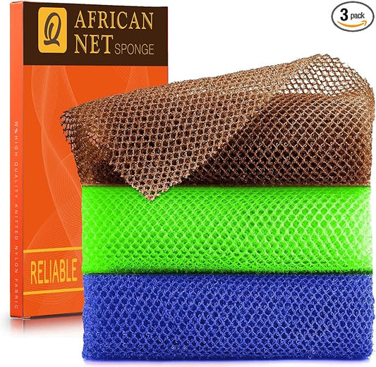 UJFQBH 3 Pieces African Bath Sponge African Net Long Net Bath Sponge Exfoliating Shower Body Scrubber Back Scrubber Skin Smoother,Great for Daily Use (Brown、Blue、Green)