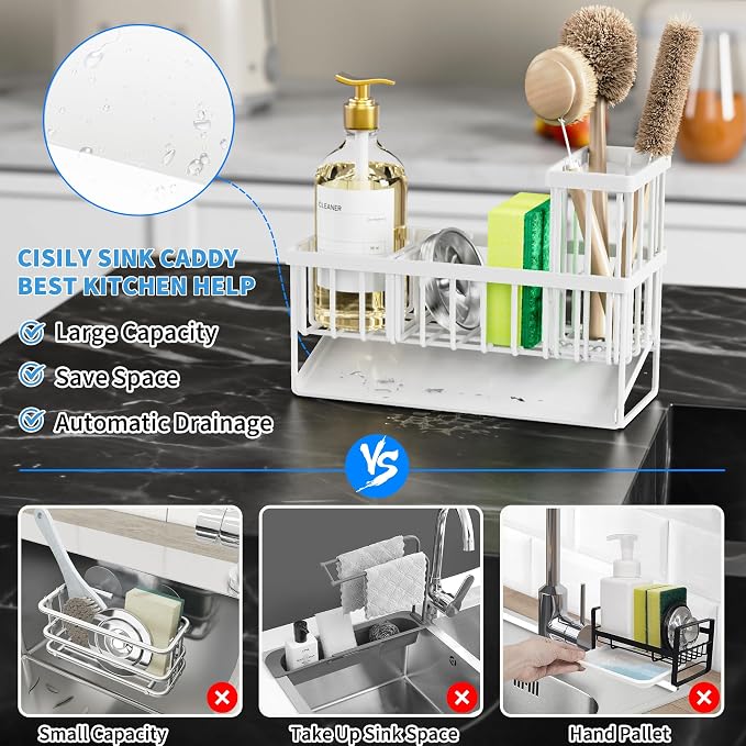 Cisily Sink Caddy Sponge Holder - Stainless Steel Rustproof, High Brush Holder, Dish Sponge Organizer with Divider (White)