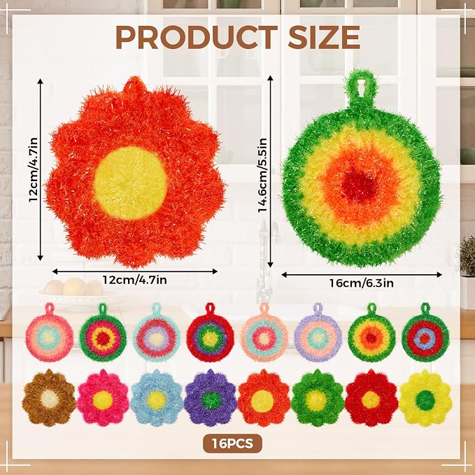 Kenning 16 Pcs Dish Scrubber Non Scratch Dish Washing Scrubbers Reusable Household Cleaning Kitchen Tools for Dishwashing Washing Dishes Cookware Tubs Sinks (Flower)