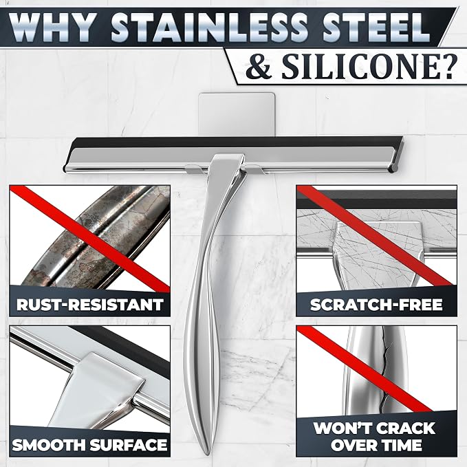 Shower Door Squeegee with Hook, 12" Silicone Blade, Steel (Silver) | Squeegee for Shower Glass with Adhesive Mount; All-Purpose Bathroom Tile, Mirror, & Window Wiper for Streak-Free Cleaning