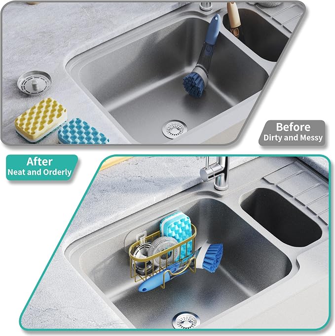 HapiRm Sponge Holder for Kitchen Sink - Unique M-Shaped Sink Caddy | Multifunctional, 2 Installation Ways, Rustproof Stainless Steel Kitchen Organizers and Storage Essentials, Dark Gold