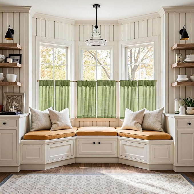 jinchan Linen Pinch Pleated Back Tab Tier Curtains, 26x30, 2 Panels, Green | Light filtering,small window treatment,cafe curtains,machine washable,farmhouse,kitchen,bathrooms,laundry
