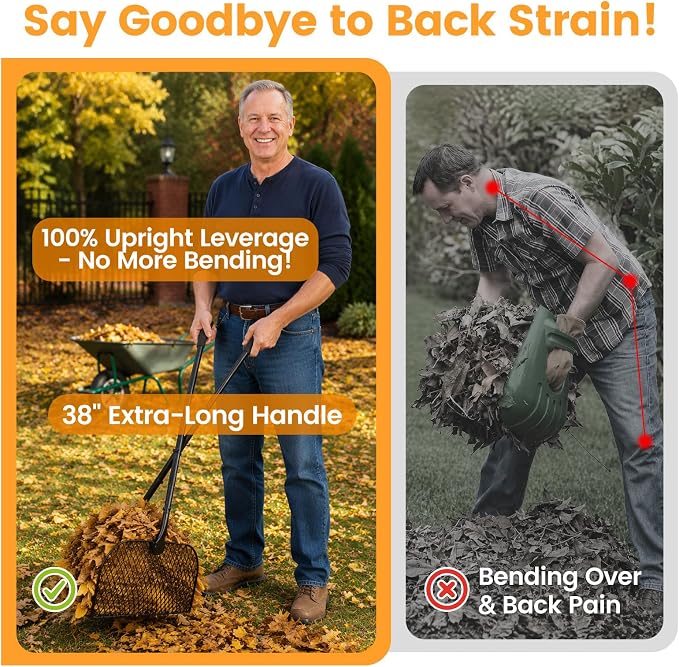 Leaf Grabber Rake with Long Handle, Heavy Duty Metal Leaf Picker Upper and Grass Collector, Upright Lawn Debris Pickup Tool with Upgraded Lock Nuts for Yard Cleanup, No Bending Over