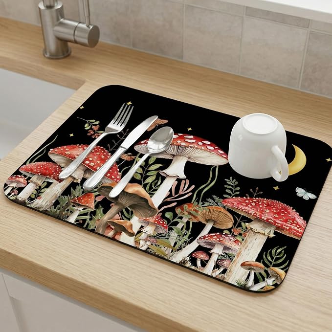 Mushroom Dish Drying Mat, Absorbent Microfiber Kitchen Counter Pad, Mushroom Decor for Countertop, Reversible Kitchen Counter Mat for Kitchen Sink & Countertop