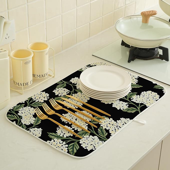 Spring Dish Drying Mat 18x24 Inches For Kitchen Counter Absorbent Black Beige Hydrangea Floral Kitchen Decoration Summer Flower Drying Mat Pad For Home Kitchen,Dining Room,Office Decor
