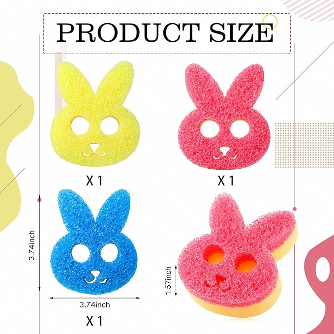 FillTouch 3 Pcs Dual Sided Scrub Sponge Multi Functional Cute Temperature Sensitive Non Scratch Dish Sponge for Washing Dishes Kitchen Bathroom(Rabbit,Pink, Yellow, Blue)