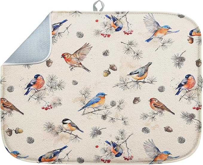 Sanwarm Absorbent Dish Drying Mat, Vintage Birds Watercolor Cute Floral Microfiber Pad for Kitchen Counter, Coffee Bar Decor, Heat Resistant and Reversible, 16" x 18"