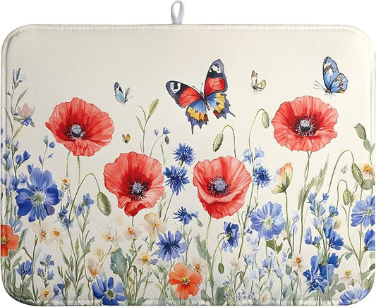 Patriotic Dish Drying Mats for Kitchen Counter 4th of July Kitchen Dishes Dryer Pad Red Blue Flowers Absorbent Dish Mat Microfiber Washable Foldable Reusable Large 18x24 in