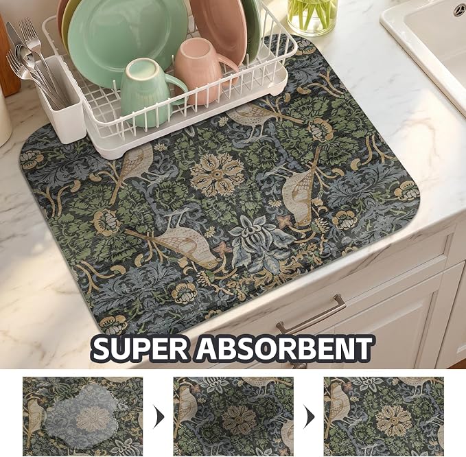 Boho Dish Drying Mat for Kitchen Counter,Vintage Bird & Botanical Floral Farmhouse Absorbent Microfiber Reusable Washable Non-Slip Dish Drainer Draining Mats Dishes Pad for Kitchen Decor 18x16 Inch