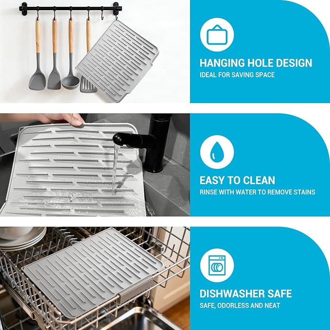 Foldable Silicone Dish Drying Mat for Kitchen Counter & Sink - Quick Dry, Space Saving, Non-Slip Pad for Small Apartments & Coffee Bar Light Grey