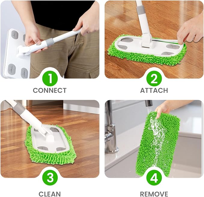 Reusable Microfiber Floor Mop System, Wet & Dry Sweeper Kit | Includes 1 Sweeper Handle, 3 Washable Chenille Mop Pads, Dry & Wet Use for Hardwood, Tile, and Laminate Floor