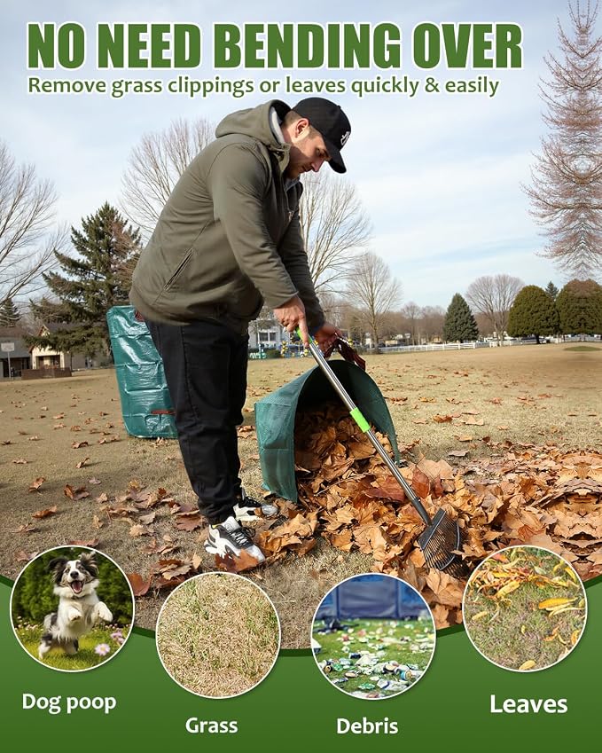 65 Inch 25 Tines Metal Leaf Rake Set with 40 Gal Dustpan-Type Bags | Heavy duty garden rake, Leaf gathering tool, Yard waste bag set, Metal dustpan rake, Lawn tool, Grass clippings sweeper