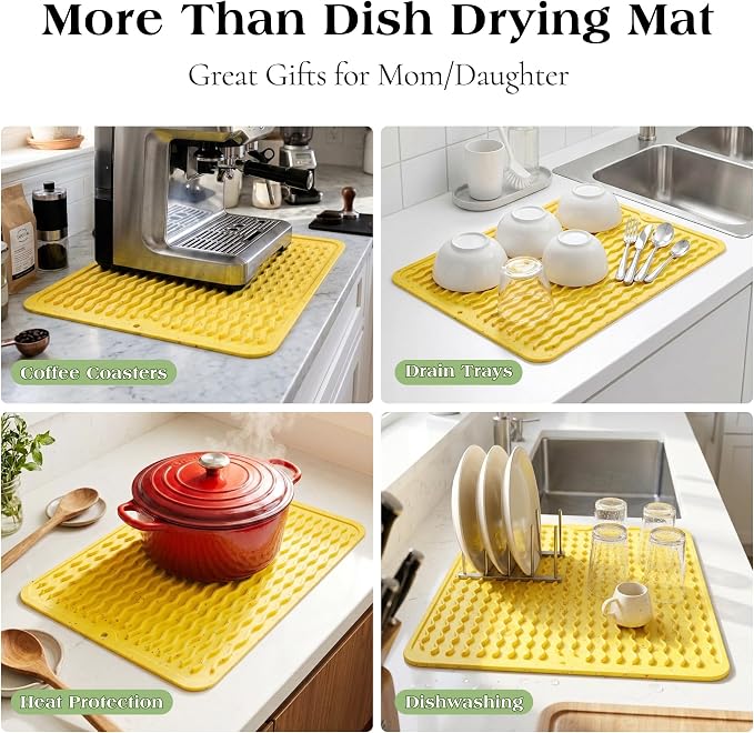 CAKETIME 2 Pack Multicolor Silicone Dish Drying Mat for Kitchen Counter Cooking Washable Placemats Coffee Station Accessories Under Sink Protector Stone Rack Trays Drain Appliance 15"x11.5" Yellow