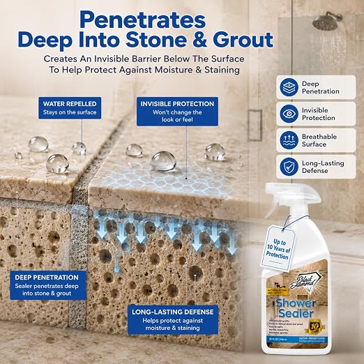Black Diamond Stoneworks Natural Stone Shower Sealer – Penetrating Water-Based Sealer for Marble, Granite, Travertine, Limestone & Grout – Water & Stain Protection. 1-Quart