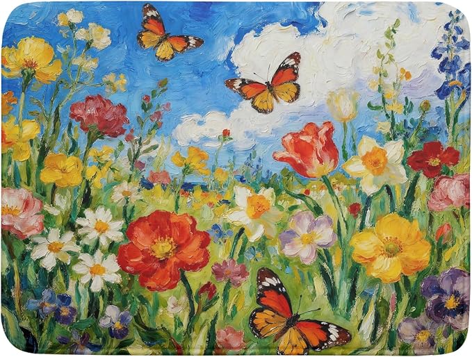 Cute Floral Dish Drying Mat for Kitchen Counter 18x24, Spring Summer Decorative Absorbent Reversible Microfiber Kitchen Countertop Protector Dishes Drainer Pad, Watercolor Flower Butterfly