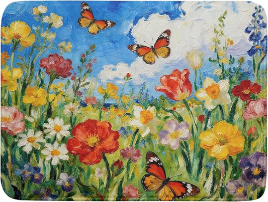Cute Floral Dish Drying Mat for Kitchen Counter 18x24, Spring Summer Decorative Absorbent Reversible Microfiber Kitchen Countertop Protector Dishes Drainer Pad, Watercolor Flower Butterfly