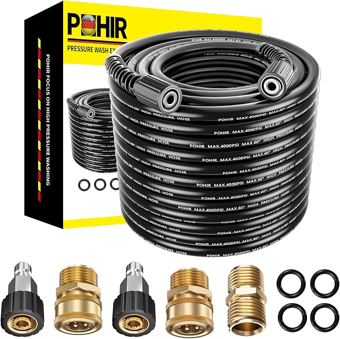 100ft Pressue Washer Hose 4000 PSI, High Power Washing Hose, Replacement Hose with M22 Extension Adapter and 4pcs M22 14mm to 3/8 Quick Connect | Kit M22 14mm to 3/8'' Quick Connect & M22 Extension Adapter, No Kink 1/4'' ID Powerful Cleaning Hose for C...