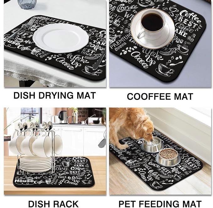 Coffee Bar Mat Accessories for Countertop Super Absorbent Anti-Slip Silicone Dish Drying Mats Kitchen Counter Draining Pad Decor Gift Fit Maker Pot Espresso Machine 23inx15in