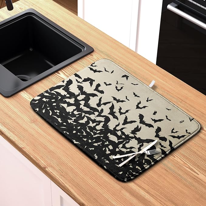 Halloween Bats Halloween Dish Drying Mat for Kitchen Counter 18x24 Inch Microfiber Absorbent Drying Mats Washable Dishes Drainer Mats Reusable Dish Rack Pad for Coffee Bar