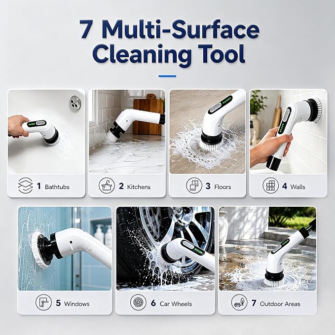 Highyes Electric Spin Scrubber for Bathroom | IPX7 Waterproof Shower Scrubber with Extendable Long Handle，Bathroom Cleaning Scrubber with 7 Reusable Brush Heads