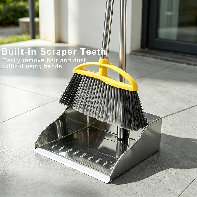Broom and Dustpan Set, Outdoor Heavy Duty Broom with Stainless Steel Dustpan,Stiff Bristles Broom and Metal Dust Pan for Home