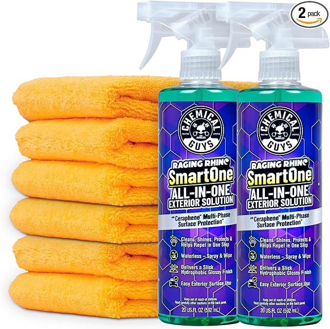 Chemical Guys, Raging Rhino All-in-One Exterior Spray Kit, 20 oz, 2 Pack | Waterless wash, quick detailer and spray wax in one, cleans and shines with a slick gloss, includes six microfiber towels