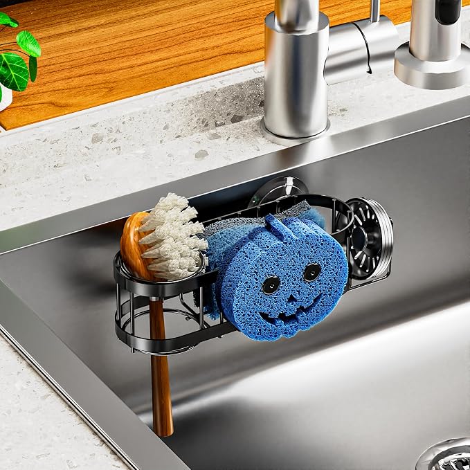 Cisily Sponge Holder Smiley Face, Sink Caddy for kitchen Sink, Kitchen Organizer Sponge Holder with 2 PCS Suction Cups and Adhesive Strips, Designed for Sponge, Soap, Dish brush, Scrubber-Black