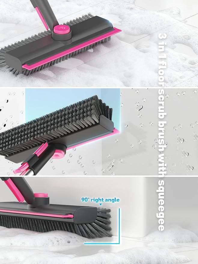 3 in 1 Floor Scrub Brush with Long Handle, Deck Brush with Squeegee | Stiff Dual-side Bristle, 360° Swivel Head with Tweezer, for Tile Wall Deck Bathroom Patio Garage Pool Kitchen (Pink and Gray)