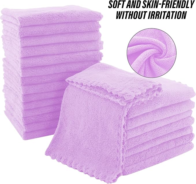 MOONQUEEN Ultra Soft Premium Washcloths Set - 12 x 12 inches - 24 Pack - Quick Drying - Highly Absorbent Coral Velvet Bathroom Wash Clothes - Use as Bath, Spa, Facial, Fingertip Towel (Purple)