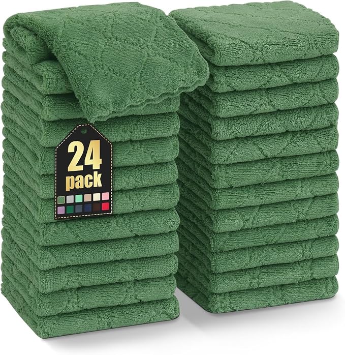 Homaxy 24 Pack Kitchen Dish Cloths (10 x 10 Inches, Grass Green), Super Soft and Absorbent Coral Velvet Dish Towels, Nonstick Oil Fast Drying Microfiber Cleaning Cloth, No Lint Household Dishcloths