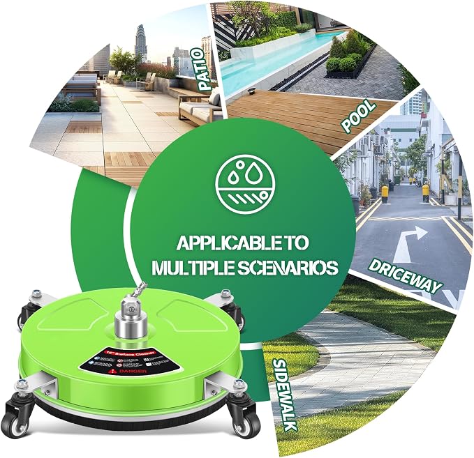 LidoDola 16'' Pressure Washer Surface Cleaner Green, Power Washer Accessory | Stainless Steel Housing with 4 Wheels, 1/4" QC, 2 Extension Wands & 2 Replacement Nozzles, for Gas & Electric Pressure Washer