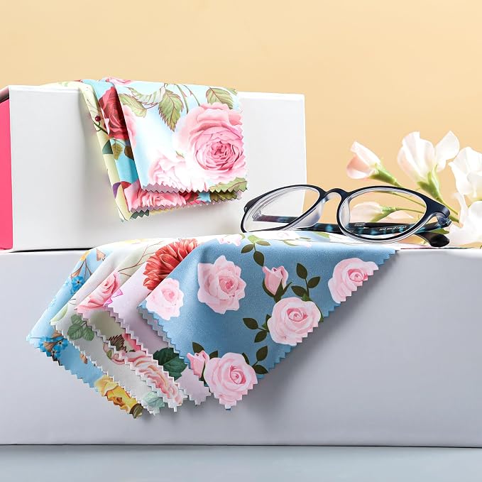 8 Pack Microfiber Cleaning Cloths (7" x 6") Multicolor Flower Glasses Cleaning Cloth for Eyeglasses, Camera Lens, Cell Phones, Laptops, LCD TV Screens and More