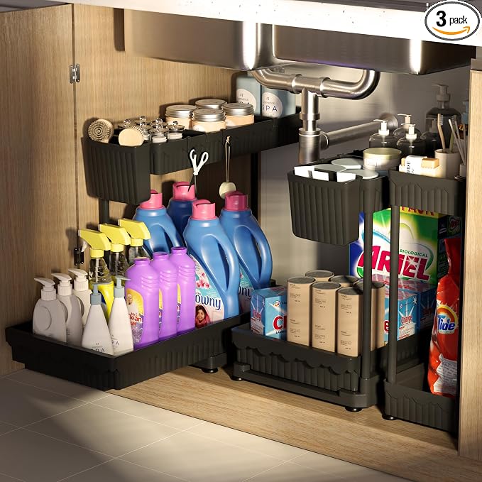 Sevenblue 3 Pack Multi-Purpose Pull-Out Storage Organizers, 2-Tier L-Shaped Under Sink/Cabinet Organizers and Storage for Bathroom & Kitchen,Black,14.85 Inch