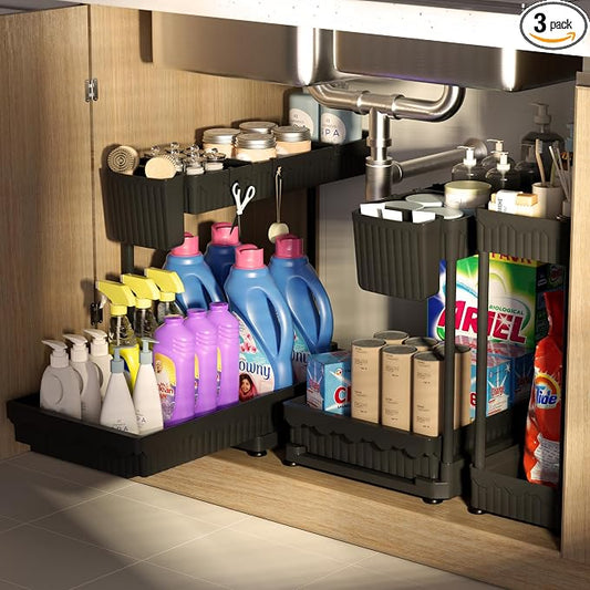 Sevenblue 3 Pack Multi-Purpose Pull-Out Storage Organizers, 2-Tier L-Shaped Under Sink/Cabinet Organizers and Storage for Bathroom & Kitchen,Black,14.85 Inch