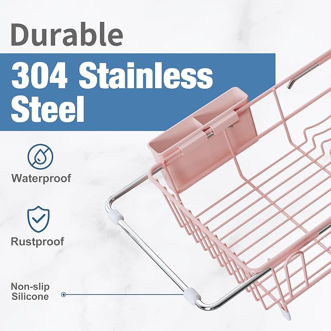 JASIWAY Pink Dish Drying Rack in Sink, Expandable Stainless Steel Dish Drainers with Drainboard for Kitchen Counter, Space Saving Dish Dryer Rack, Over The Sink Dish Racks with Utensil Holder