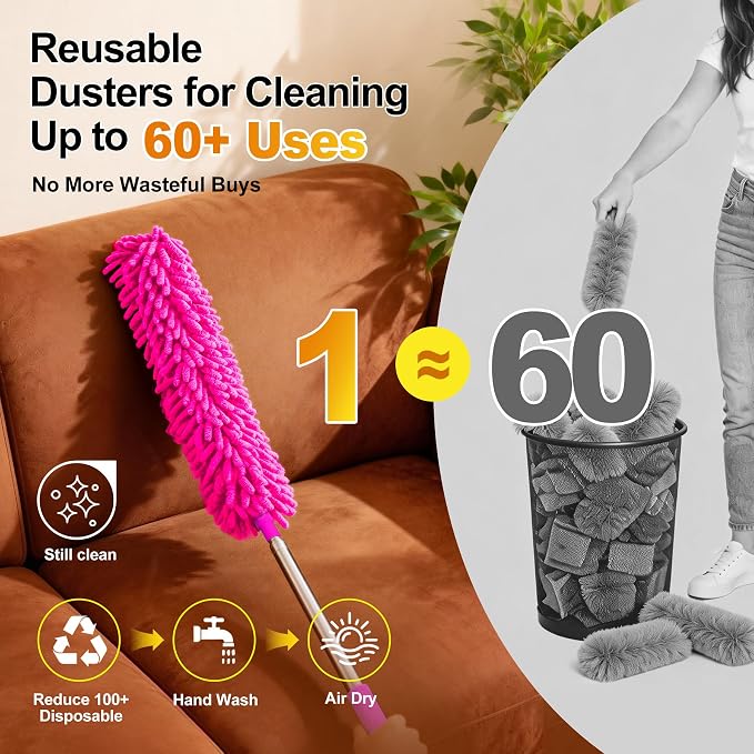 Tiumso 5-in-1 Duster with Extension Pole 100 inch Extendable Dusters for Cleaning Anti-Spin Reusable Dusting Kits for High Ceiling Fans, Cobwebs & Vents, Reinforced Stainless Steel Telescopic Handle