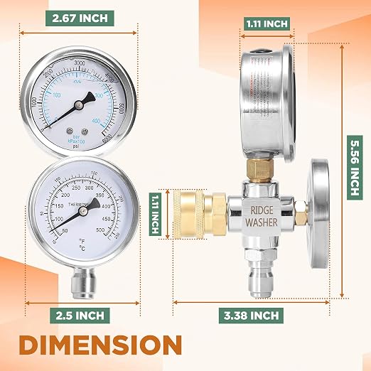 RIDGE WASHER 2-in-1 Pressure Washer Gauge Emperature Gauges, 6000 PSI | Stainless Steel, 3/8 Inch Quick Connect