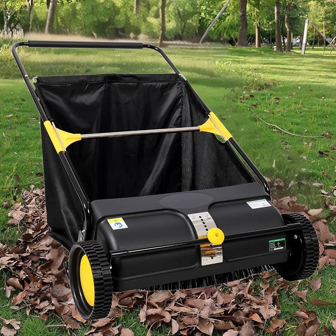 26" Hand-Push Lawn Sweeper | 4 Heavy-Duty Brushes & Wheels, Adjustable Height, 3.5 FT Large Hopper | for Efficient Leaf and Grass Collection in Lawns, Yards, Gardens (Black+26 Inch)