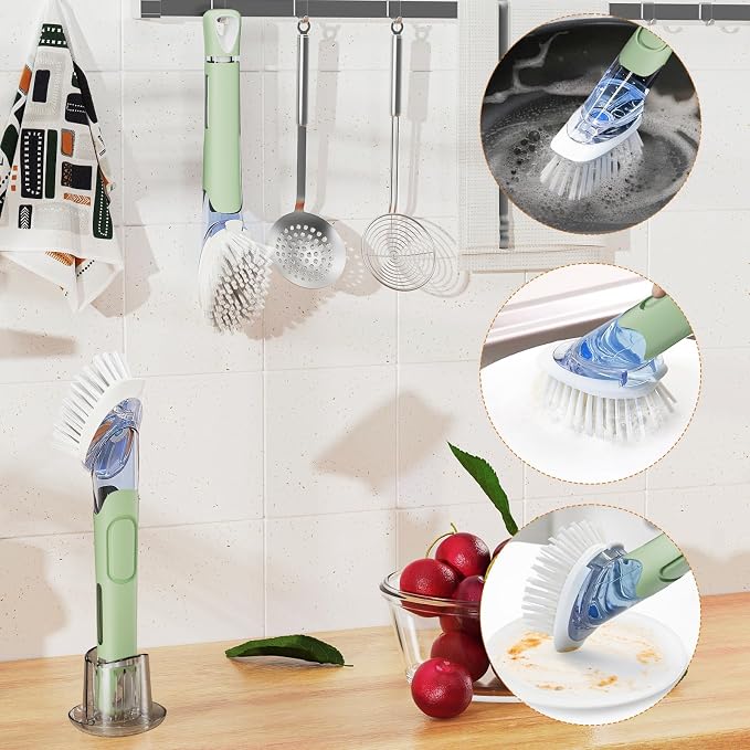Soap Dispensing Replacement Dish Brush Storage Set with 2 PCS Brush Refills & Holder - RIMAY Dispenser Scrub Cleaning Scrubber Kitchen Dishwashing Dish Wand Handle for Dishes/Pans/Pots/Sink(Green)