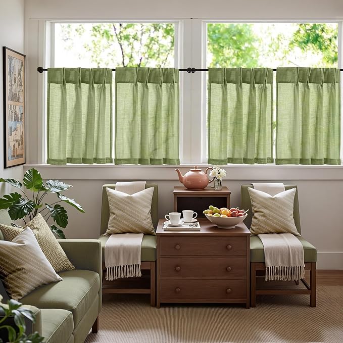 jinchan Linen Pinch Pleated Back Tab Tier Curtains, 26x30, 2 Panels, Green | Light filtering,small window treatment,cafe curtains,machine washable,farmhouse,kitchen,bathrooms,laundry