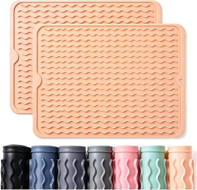 CAKETIME 2 Pack Silicone Dish Drying Mat for Kitchen Counter Waterproof Place mats Sink Protector Stove Top Organizer Appliance Storage Vanity Trays Dryer Rack Drainers Items 15"x11.5" Beige