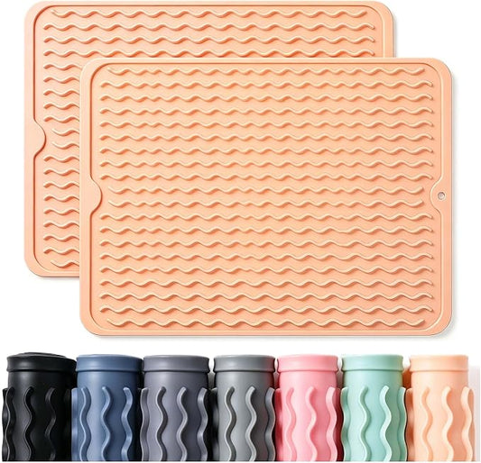 CAKETIME 2 Pack Silicone Dish Drying Mat for Kitchen Counter Waterproof Place mats Sink Protector Stove Top Organizer Appliance Storage Vanity Trays Dryer Rack Drainers Items 15"x11.5" Beige