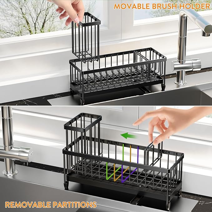 Cisily Sponge Holder for Kitchen Sink, Sink Caddy Organizer with High Brush Holder, Kitchen Countertop Organizers and Storage Essentials, Rustproof 304 Stainless Steel (Large Black, 10.62″)