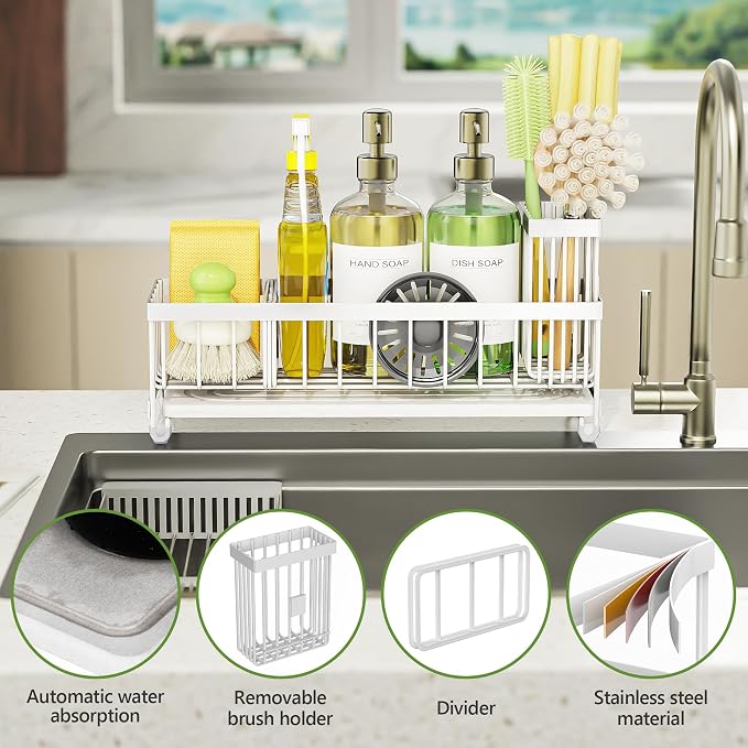 Cisily Extra Large Sink Caddy Organizer with Drying Stone, White Sponge Holder for Kitchen, Dish Brush Holder for Countertop, Kitchen Decor Storage and Essentials