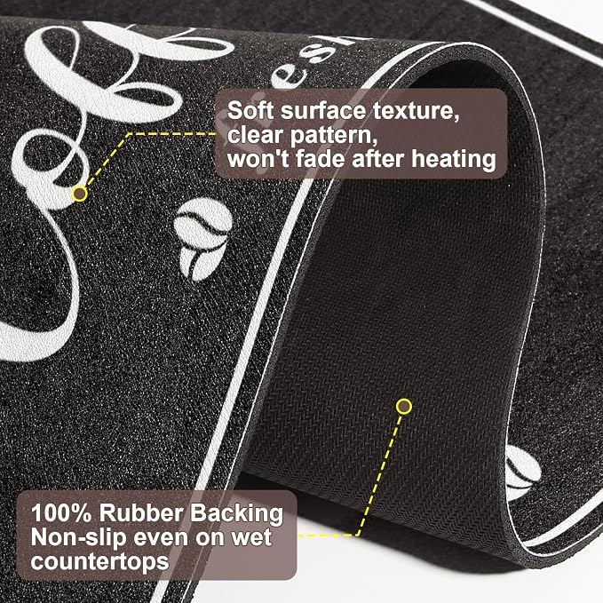 CooRug Absorbent Coffee Mat, Fashion Dish Drying Mat for Kitchen Counter Coffee Bar Accessories Espresso Machine Dish Rack 12" x 20" Black