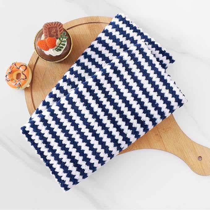 Homaxy Kitchen Towels(6 Pack, 10 x 20 inches), Ultra Soft and Absorbent Dish Towels, Reusable Fast Drying Microfiber Cleaning Cloth, Coral Velvet Wave Design No-lint, Navy Blue