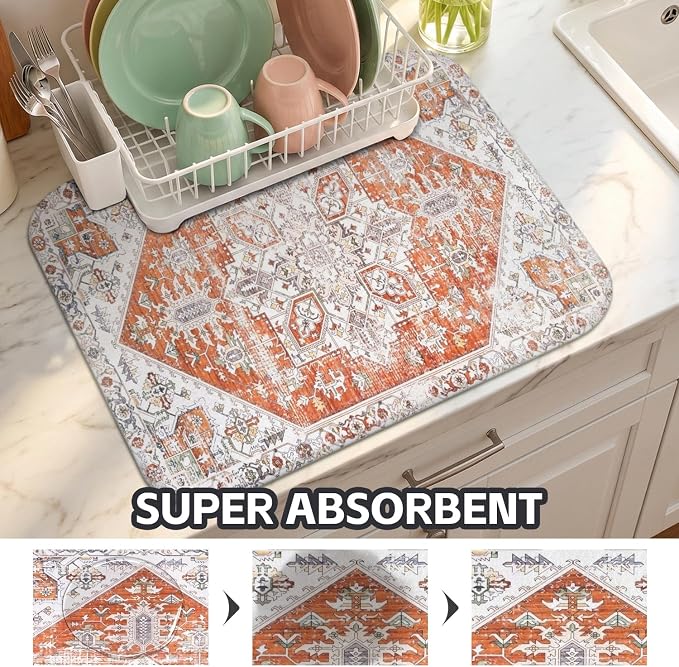 Boho Dish Drying Mat for Kitchen Counter,Vintage Orange Modern Farmhouse Absorbent Microfiber Reusable Washable Non-Slip Dish Drainer Draining Mats Dishes Pad for Kitchen Decor 18x16 Inch