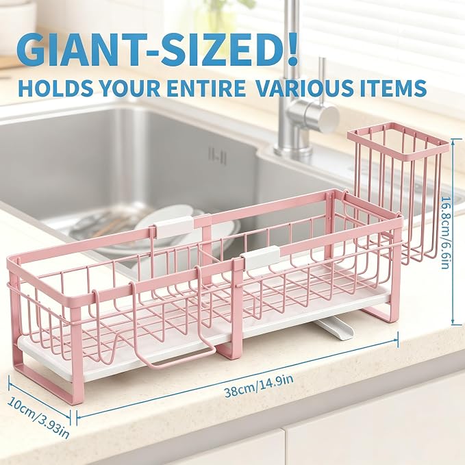 Aurblozen Extra Large Extendable Sponge Holder for Kitchen Sink, Rustproof Sink Caddy Organizer with High Brush Holder, Dish Soap Dispenser Organizers and Storage (Pink)