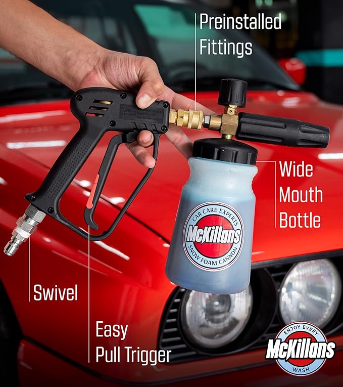 McKillans Pressure Washer Gun with Swivel & Foam Cannon Wide Mouth & M22-14mm Adapter - Adjustable Thick Foam - Power Washer Gun - 3/8" Male Plug & 1/4” Quick Connector Coupler