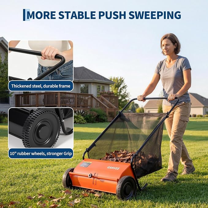 Garvee 21 Inch Push Lawn Sweeper, Walk Behind Leaf Grass Collector with 6 Cu ft Hopper Bag, Carbon Steel Frame, Yard Sweeper with Adjustable Brush Height for Garden Patio Driveway Leaves Cleanup